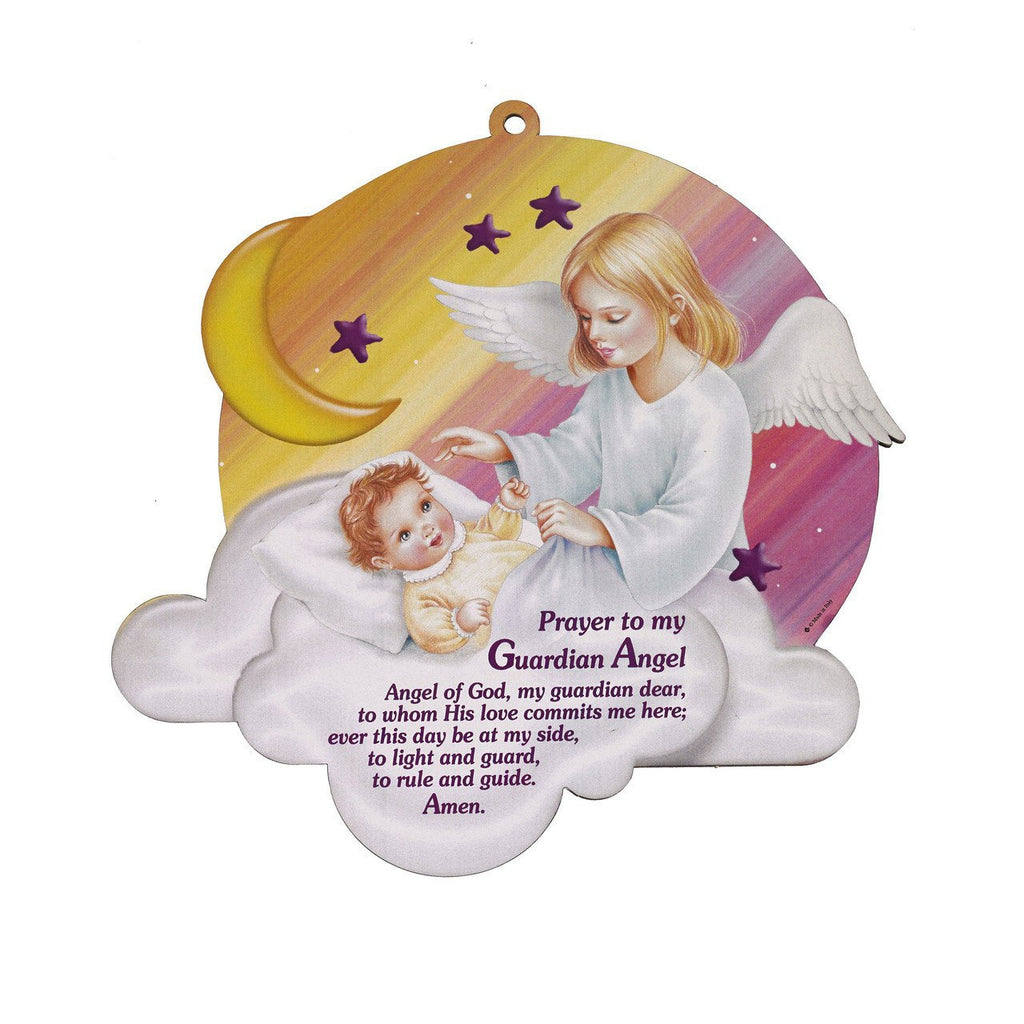 Wooden Wall Plaque - Guardian Angel - Pink - Large