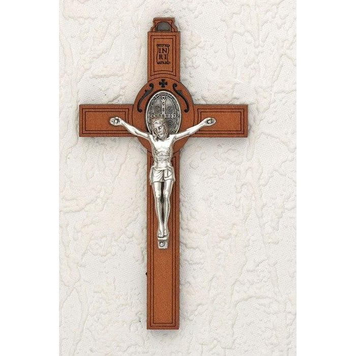 Saint Benedict Wood Wall Cross - Silver Tone Medal