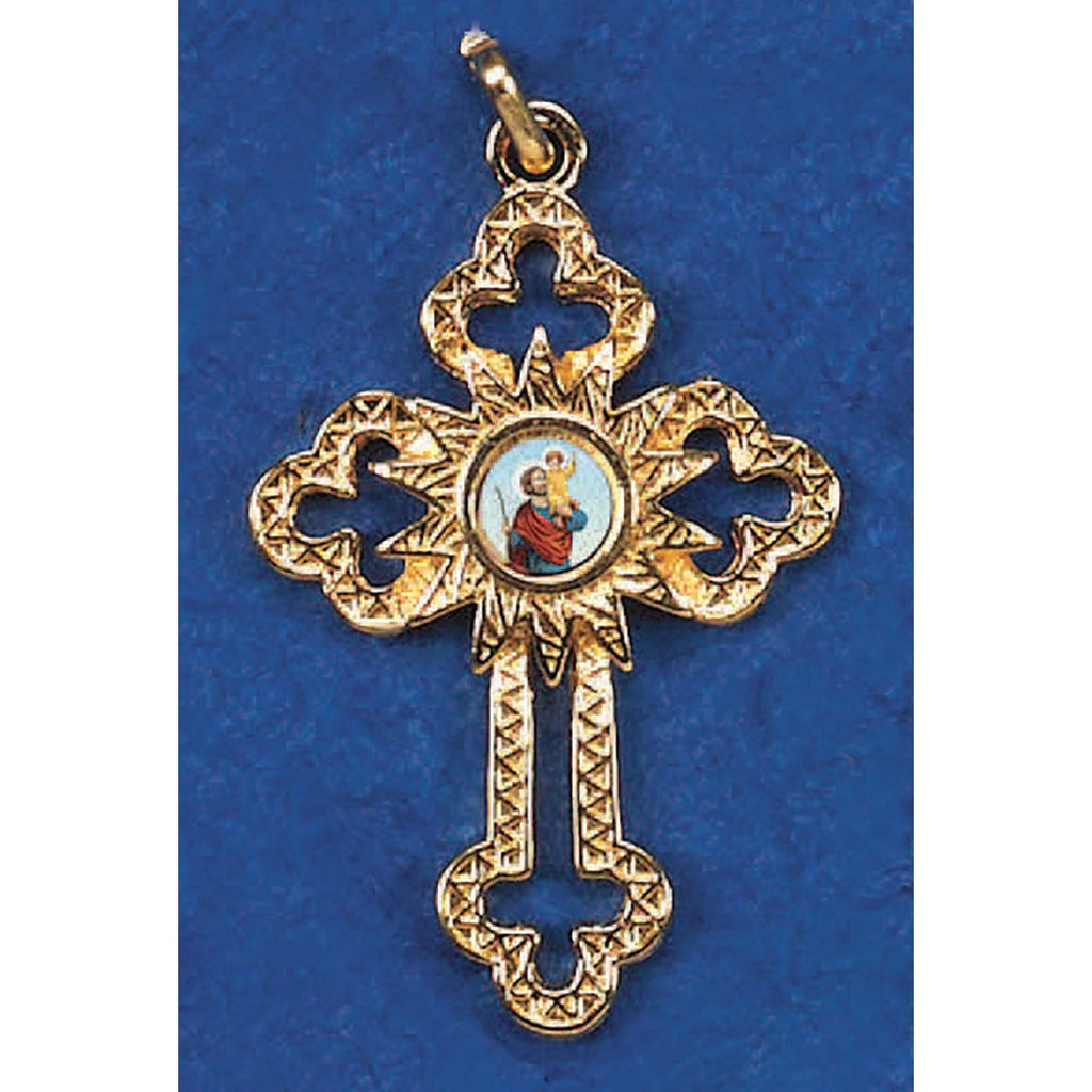 Gold Tone Cut Out Cross with St Christopher Center