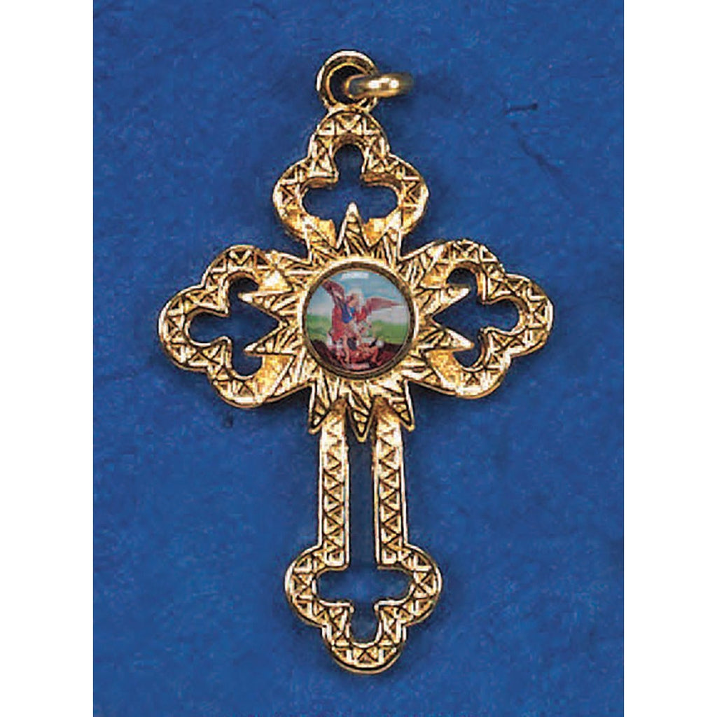 Gold Tone Cut Out Cross with St Michael Center