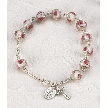 White Crystal Rosary Bracelet with Pink Rose