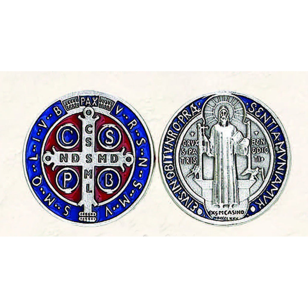 St Benedict Token - Silver tone with Dark Blue and Red - Pack of 6