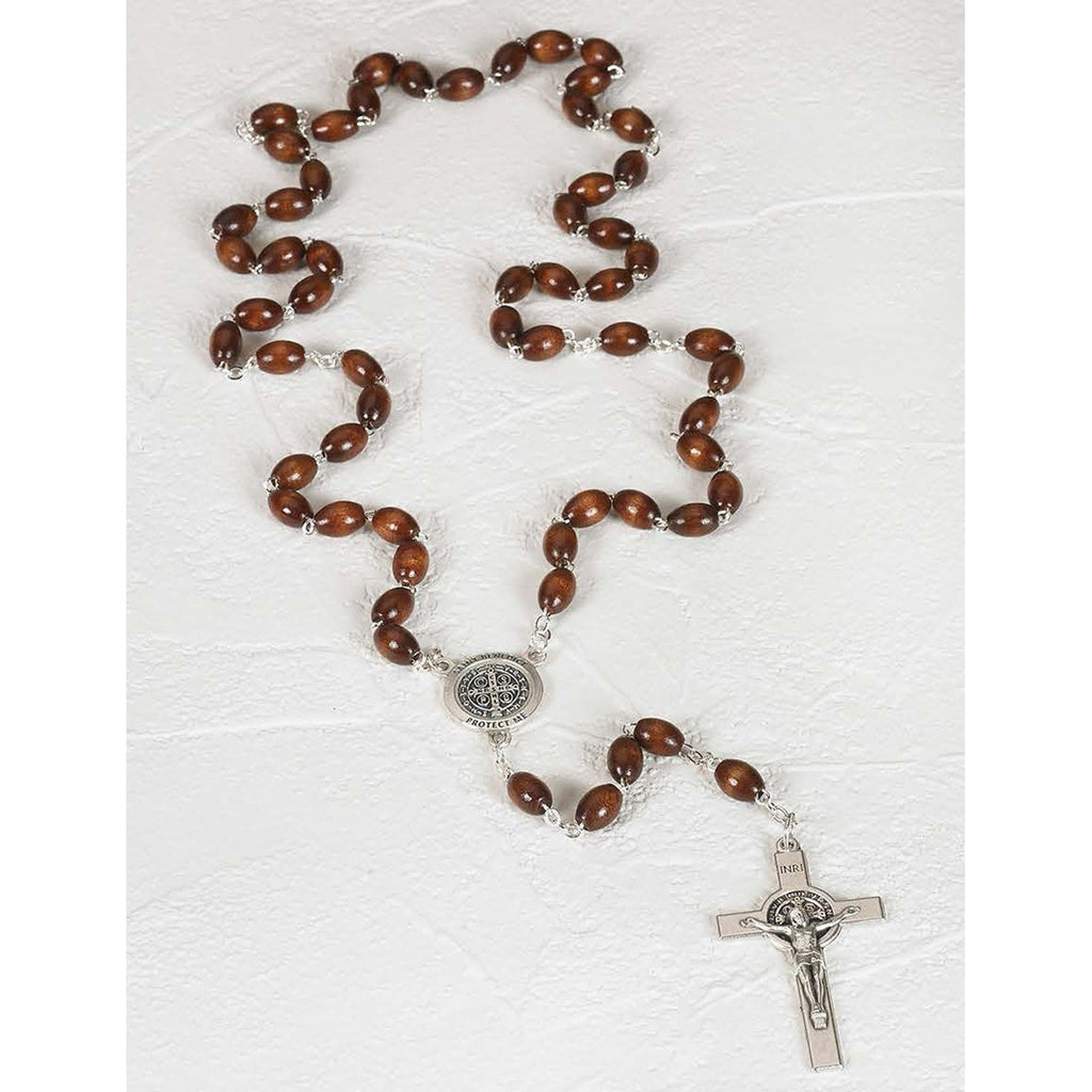 Saint Benedict Oval Wood Rosary - Silver Tone Center