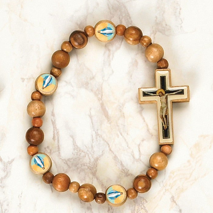 Our Lady of Grace & Crucifix - Italian Olive Wood Stretch Bracelet - Pack of 6