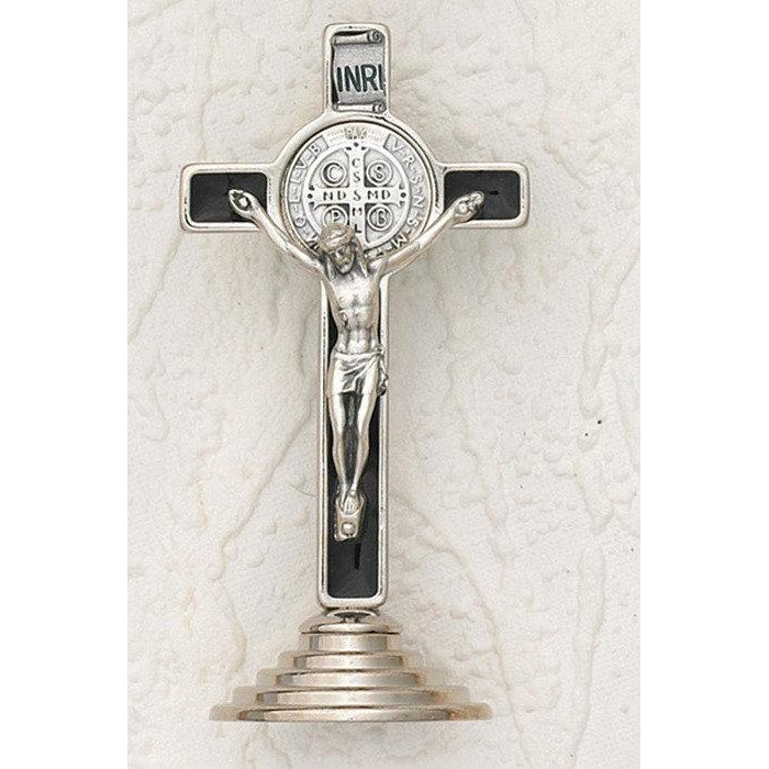 Saint Benedict Silver Tone Mini Cross on Base - Black Enamel
