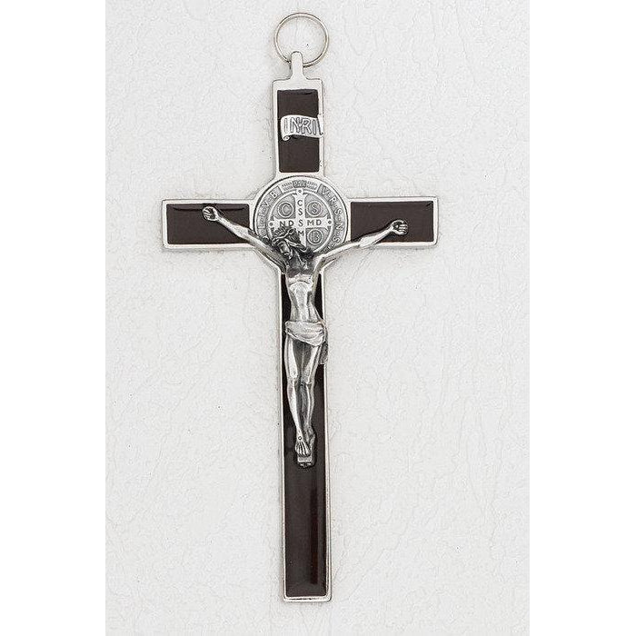Saint Benedict Brown Enamel Cross - Silver Tone Medal
