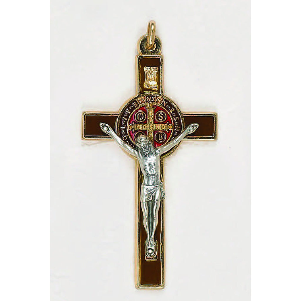 Saint Benedict Gold Tone Brown Enamel Cross - Enameled Medal - Pack of 6