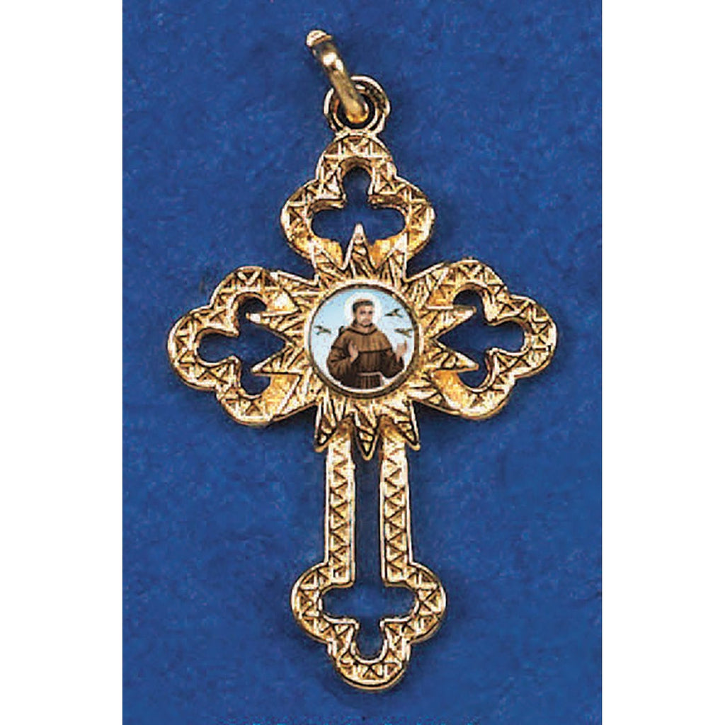 Gold Tone Cut Out Relic Cross with St Francis Center