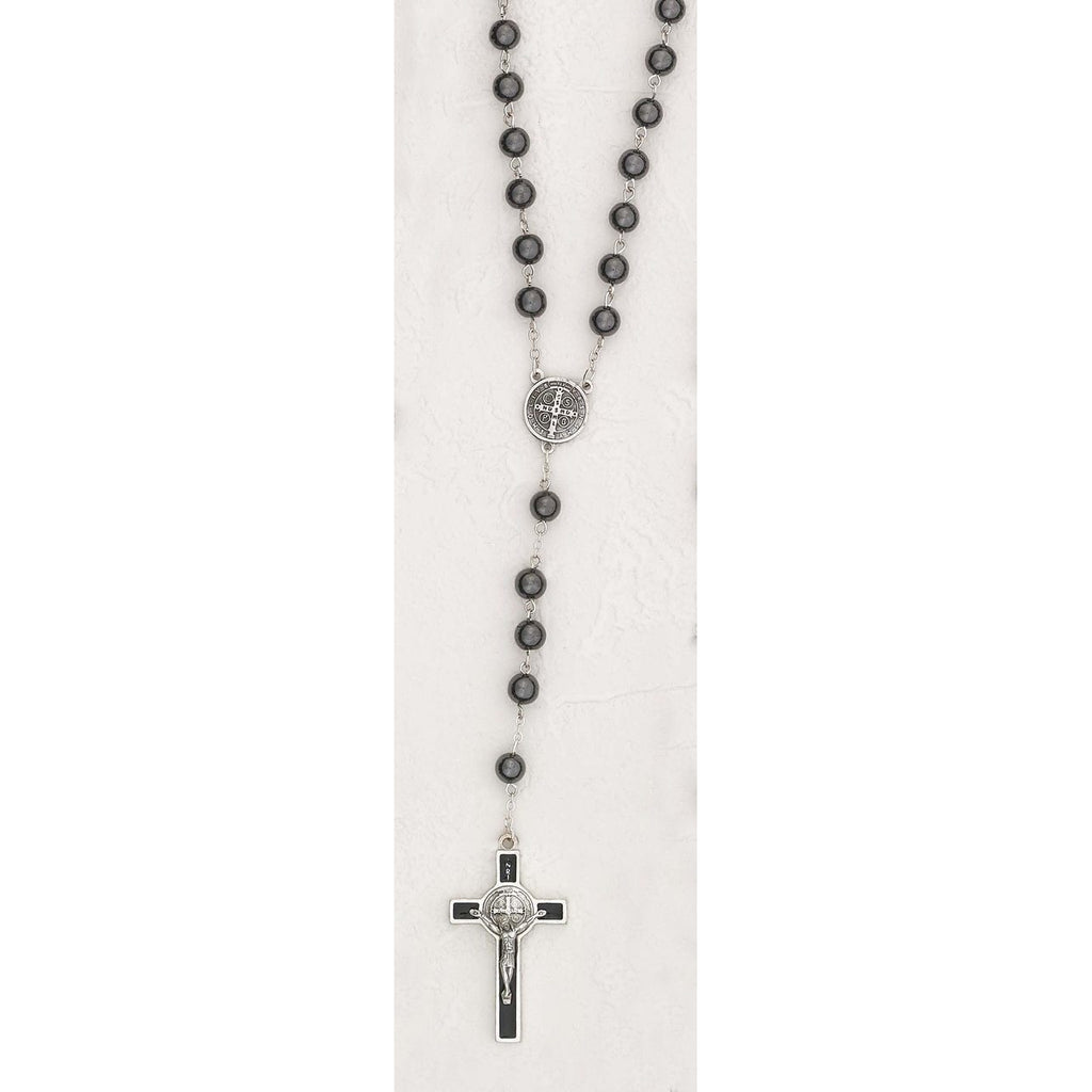 8 mm Hematite Rosary with St Benedict Center