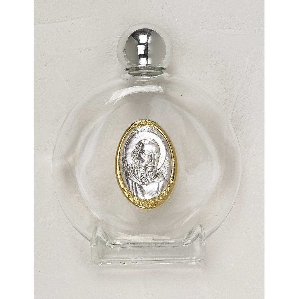 Large 4 oz Glass Holy Water Bottle, 2 tone medal of Padre Pio - Pack of 3