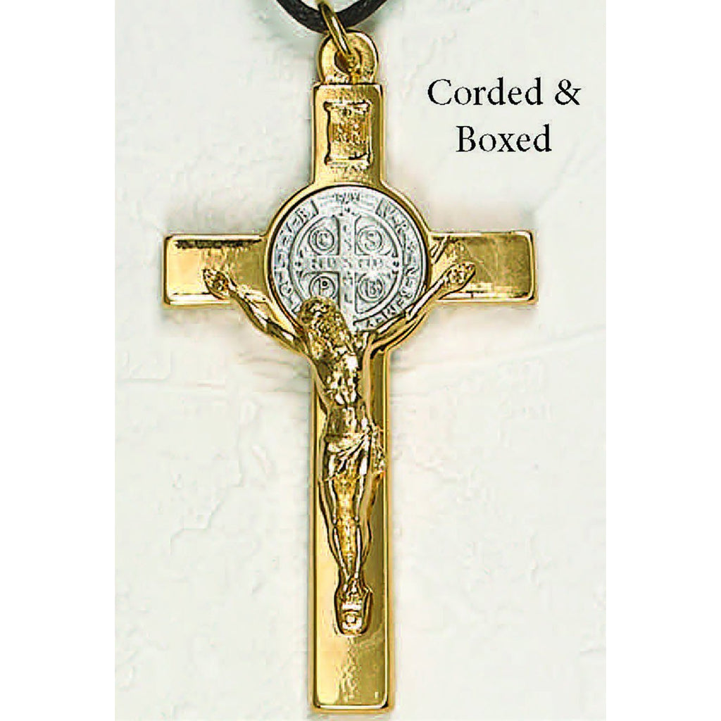 Saint Benedict Gold Tone Classic Crucifix - Silver Tone Medal Corded in Box
