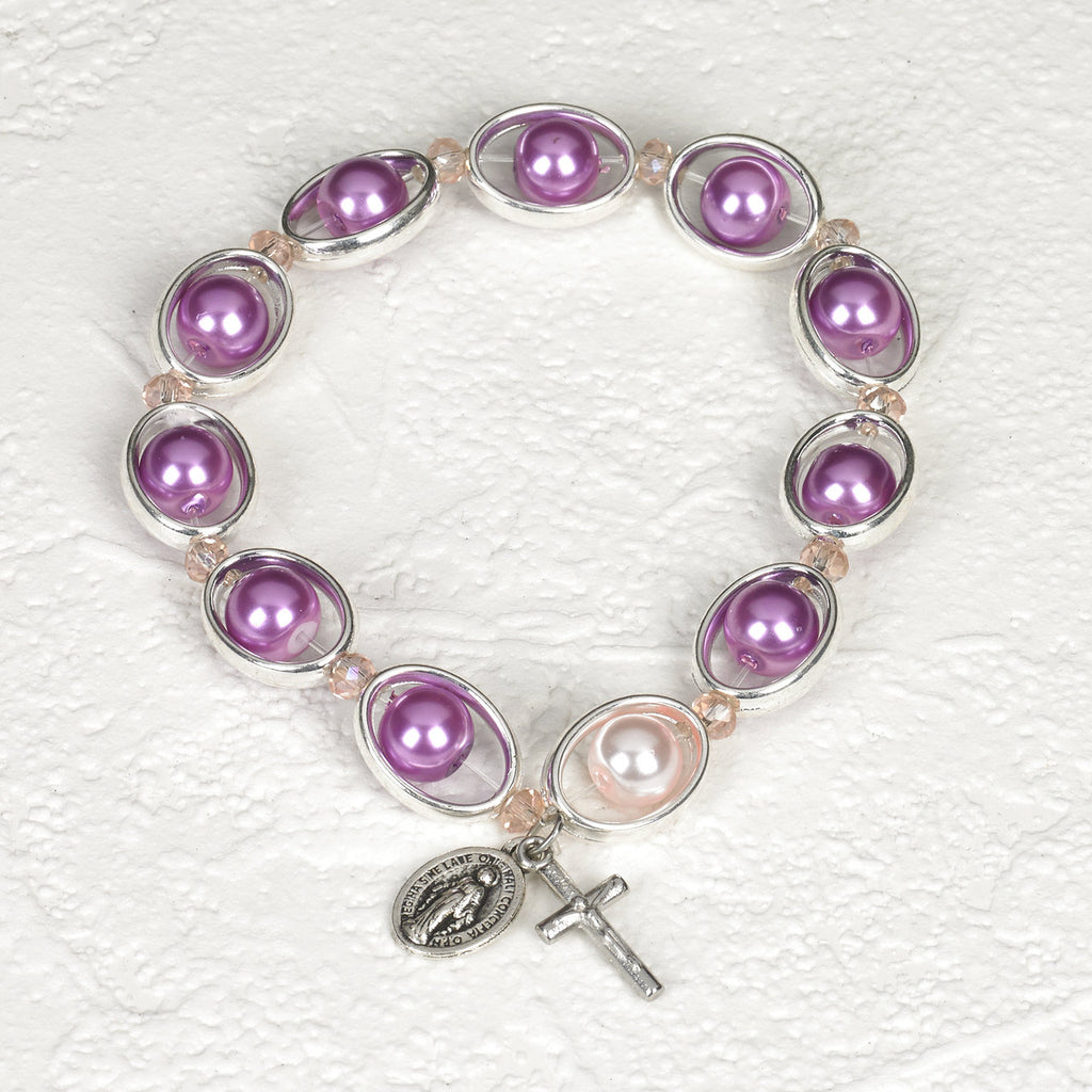 Purple Imitation Pearl in Silver tone Oval Rosary Stretch Bracelet - Pack of 4