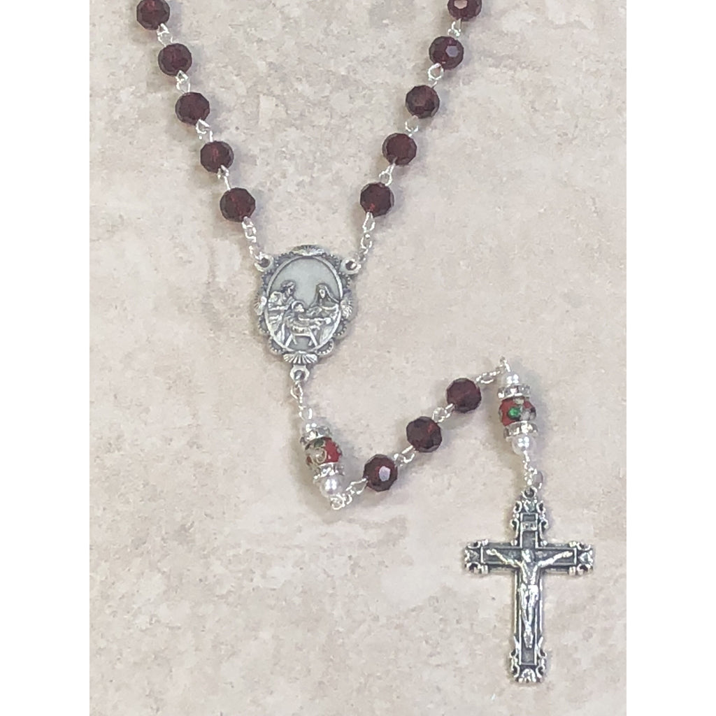 Christmas Rosary- Genuine Crystal 7mm beads with a unique Cloisonné Rondelle our father bead, with mini crystals and imitation pearls.