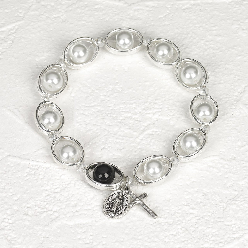 White Imitation Pearl in Silver tone Oval Rosary Stretch Bracelet - Pack of 4