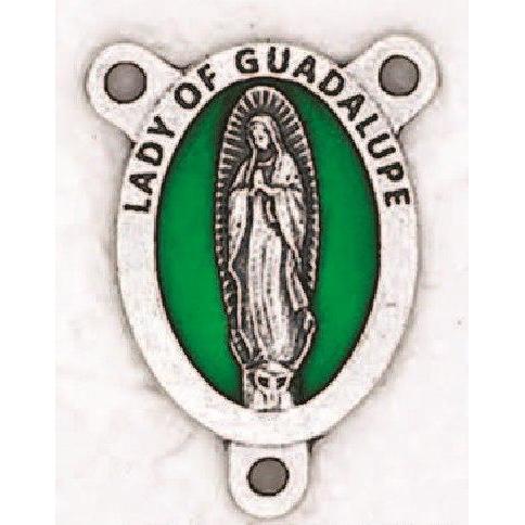 Lady of Guadalupe 3/4 Oval Silver Toned Green Enameled Rosary Center