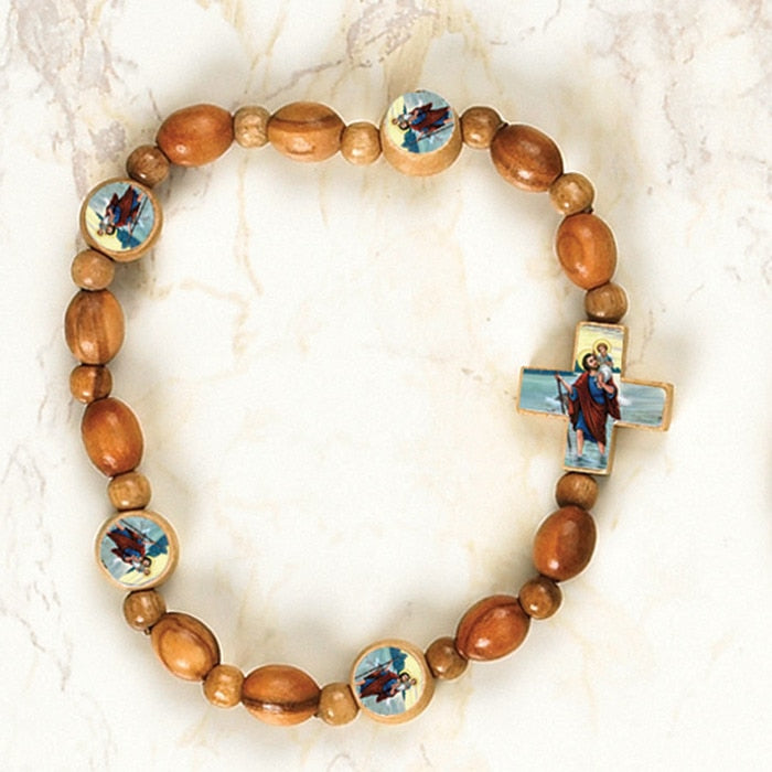 St. Christopher - Italian Olive Wood Stretch Bracelets - Pack of 6