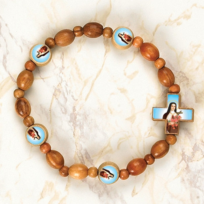 St. Therese of Liseaux - Italian Olive Wood Stretch Bracelets - Pack of 6