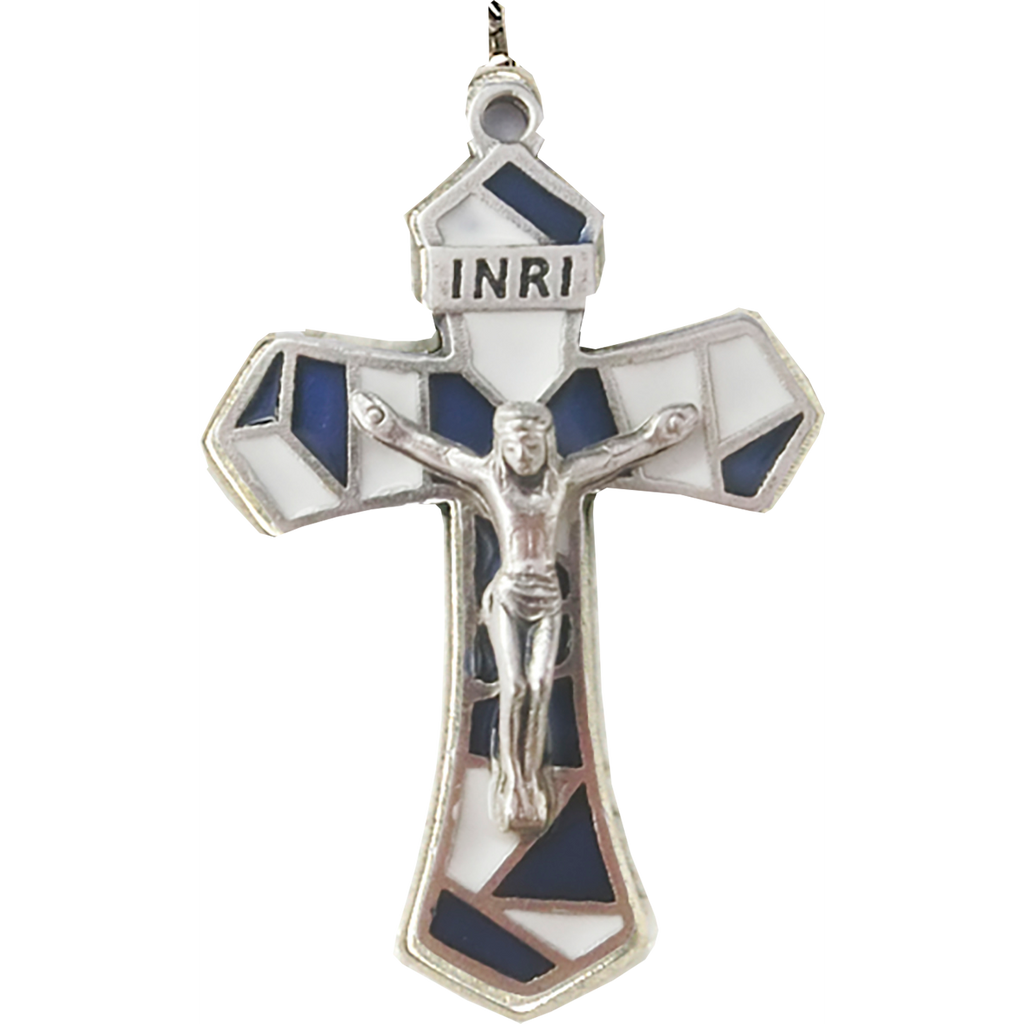 1-1/4 inch White/Blue Enameled Crucifix - Pack of 12