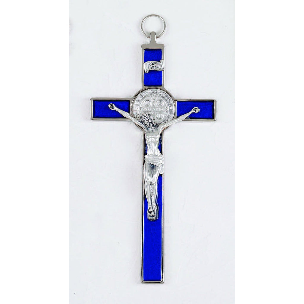 Saint Benedict Blue Enamel Cross - Silver Tone Medal