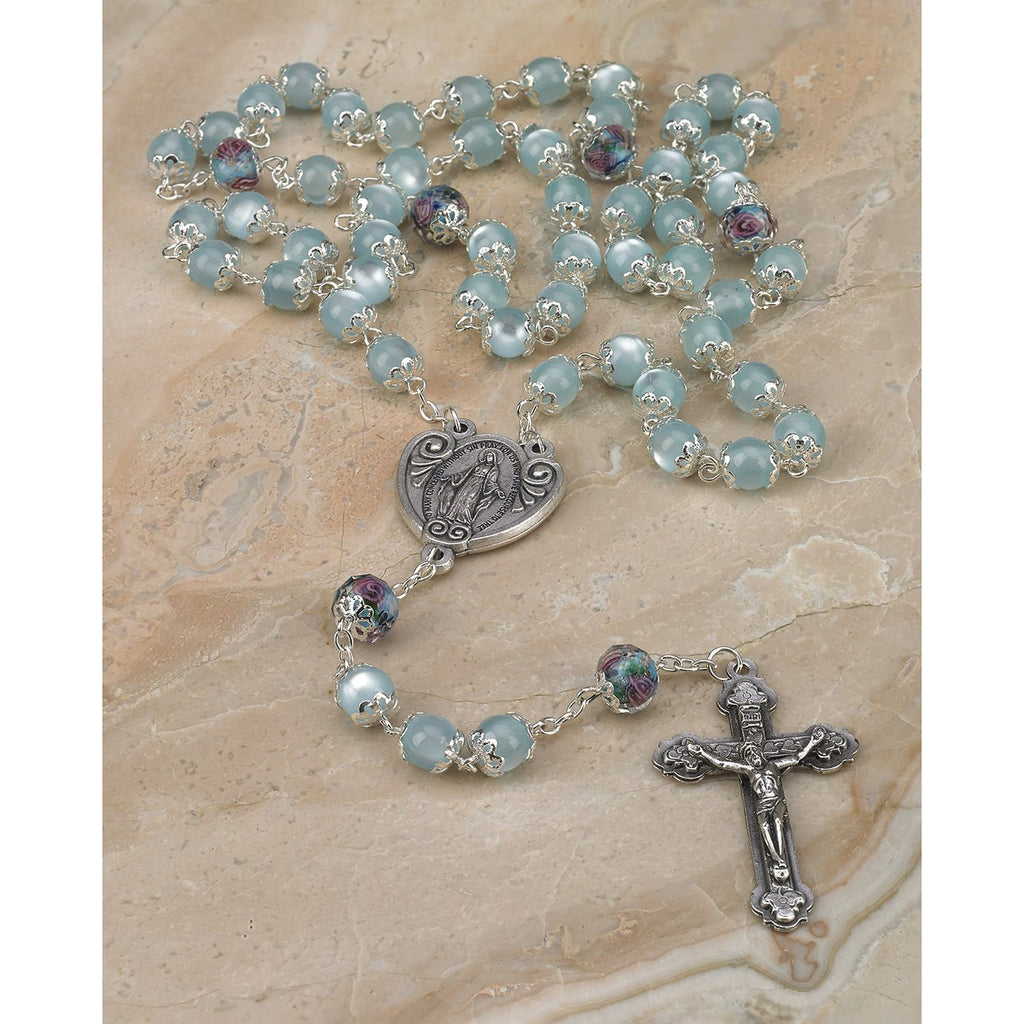 8mm Light Blue Glass Rosary with Genuine Crystal Our Father Beads