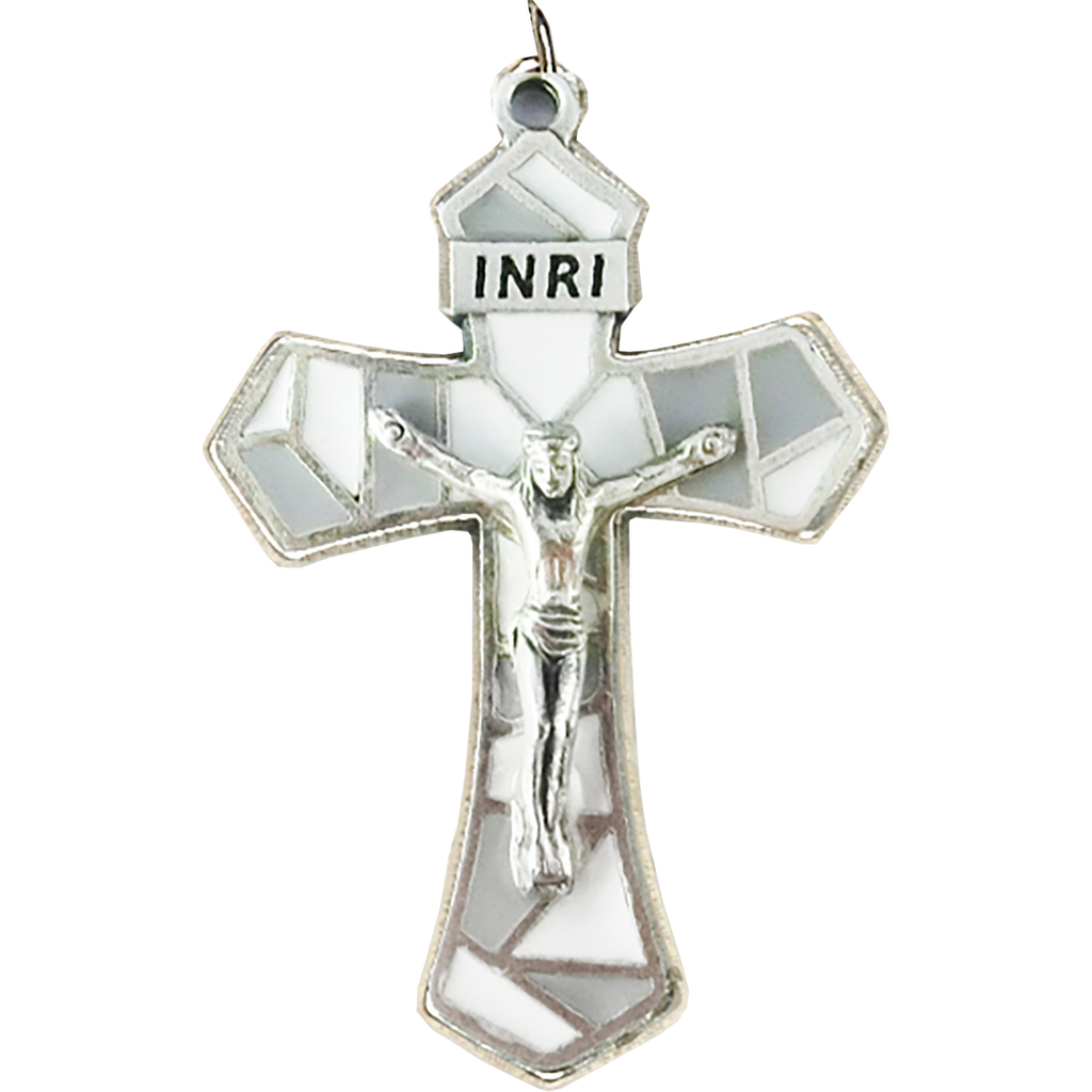 1-1/4 inch White/Gray Enameled Crucifix - Pack of 12
