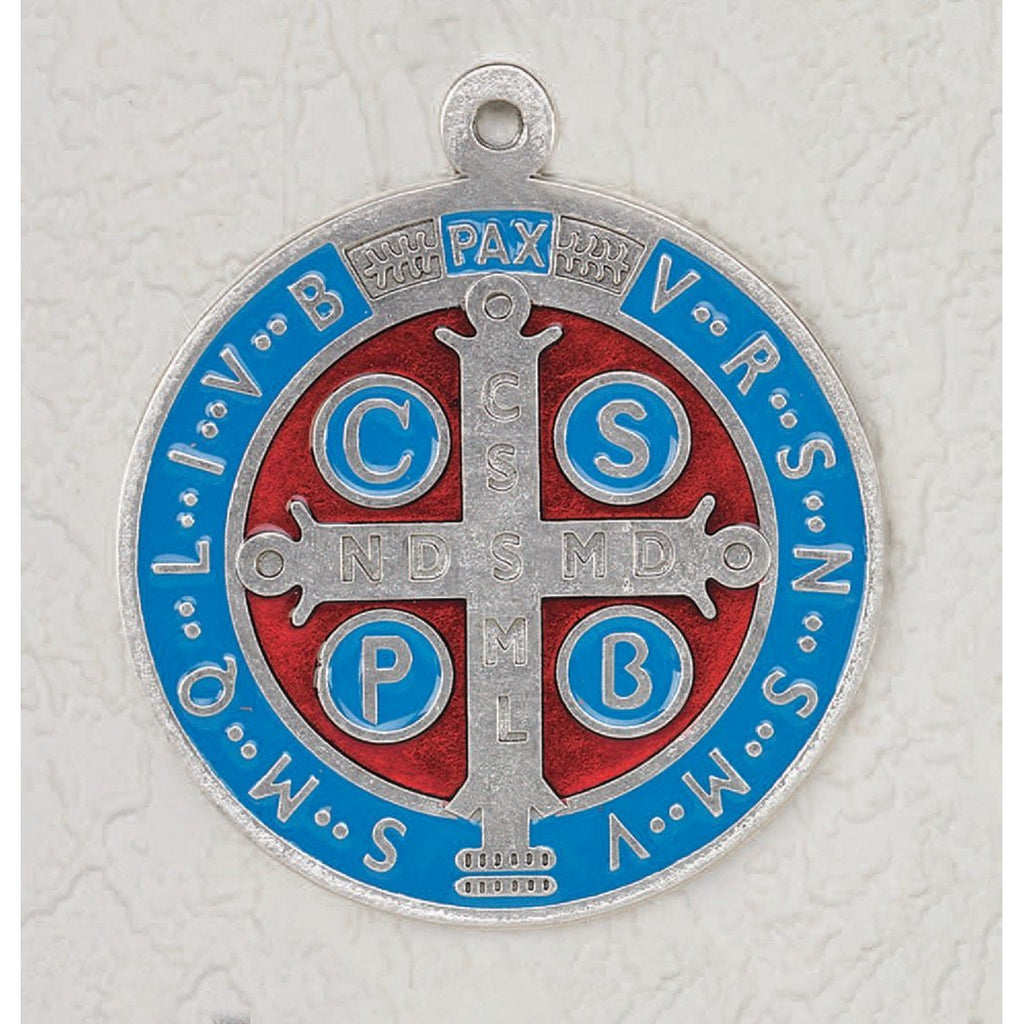 Saint Benedict Large Medal - Silver Tone - Light Blue Enamel