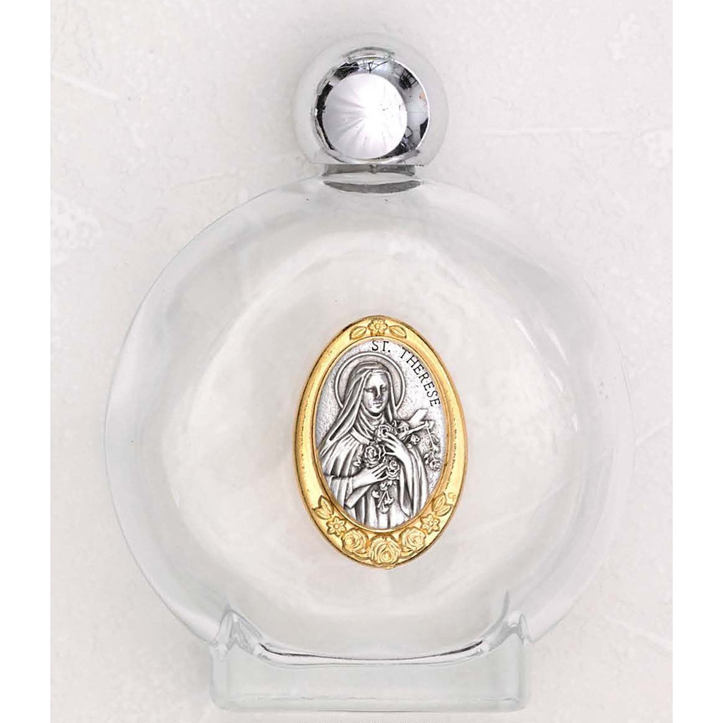 Large Glass Holy Water Bottle with 2 Tone Medal of St Therese - Pack of 3