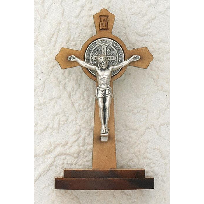 Saint Benedict Olive Wood Mini Cross on Base