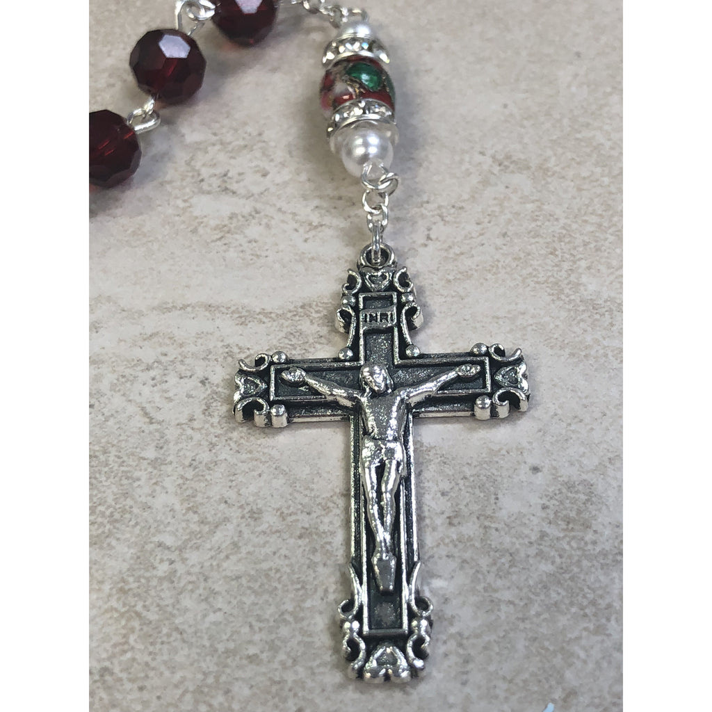 Genuine Crystal Red Bead with Unique Cloisonné Rondelle Our Father Bead with Imitation Pearl and Mini Crystals