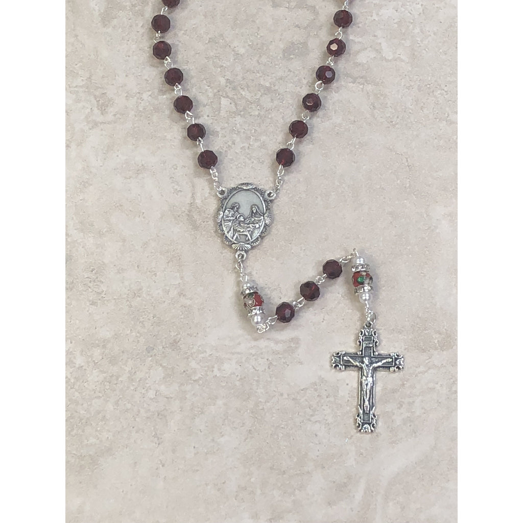 Christmas Rosary- Genuine Crystal 7mm beads with a unique Cloisonné Rondelle our father bead, with mini crystals and imitation pearls.
