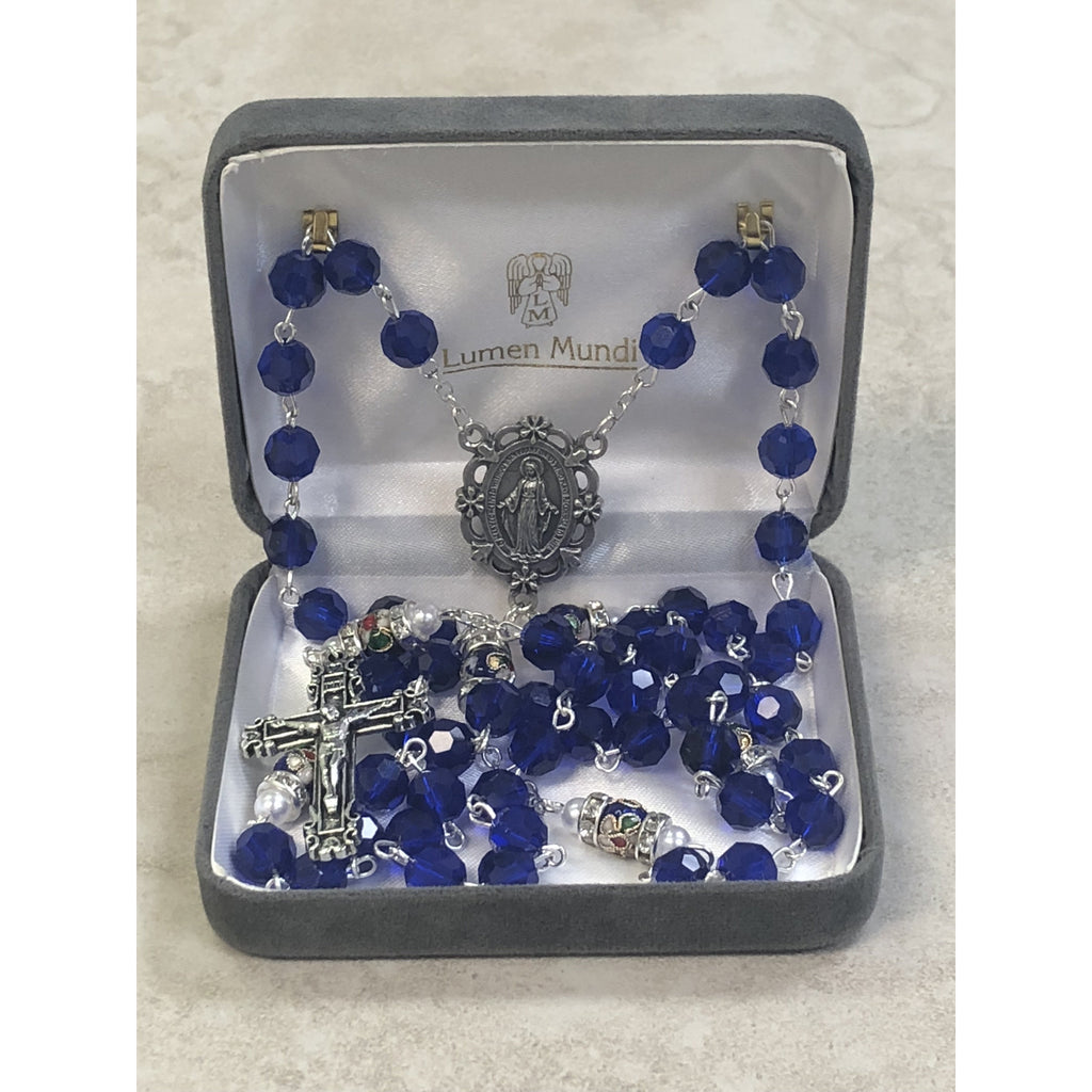 Genuine Crystal Blue Bead with Unique Cloisonné Rondelle Our Father Bead with Imitation Pearl and Mini Crystals