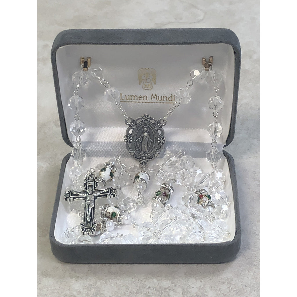 Genuine Crystal Clear Bead with Unique Cloisonné Rondelle Our Father Bead with Imitation Pearl and Mini Crystals