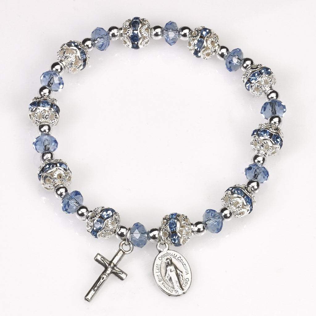 Light Blue Crystal Stretch Rosary Bracelet - Pack of 4