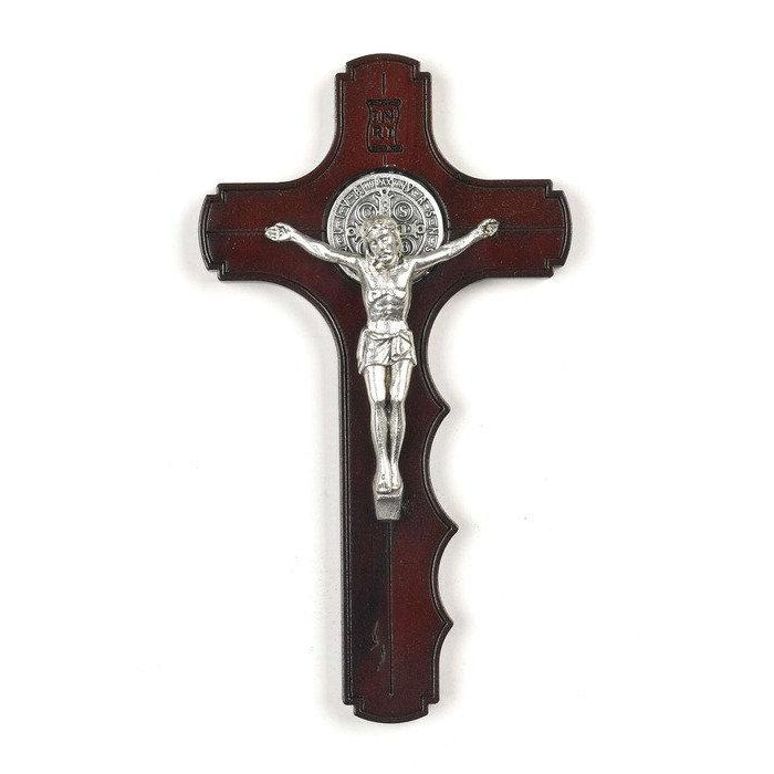 Saint Benedict Cherry Wood Palm Cross - Silver Tone Medal