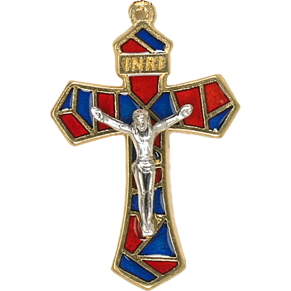 1-1/4 inch Red/Blue Enameled Gold Tone Crucifix - Pack of 12