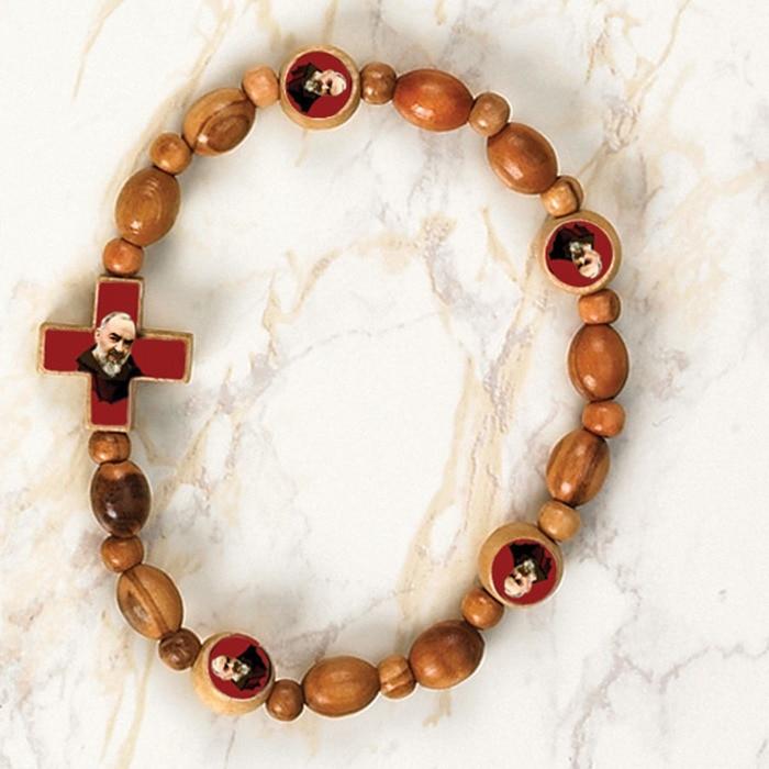 Padre Pio - Italian Olive Wood Saint Stretch Bracelets - Pack of 6