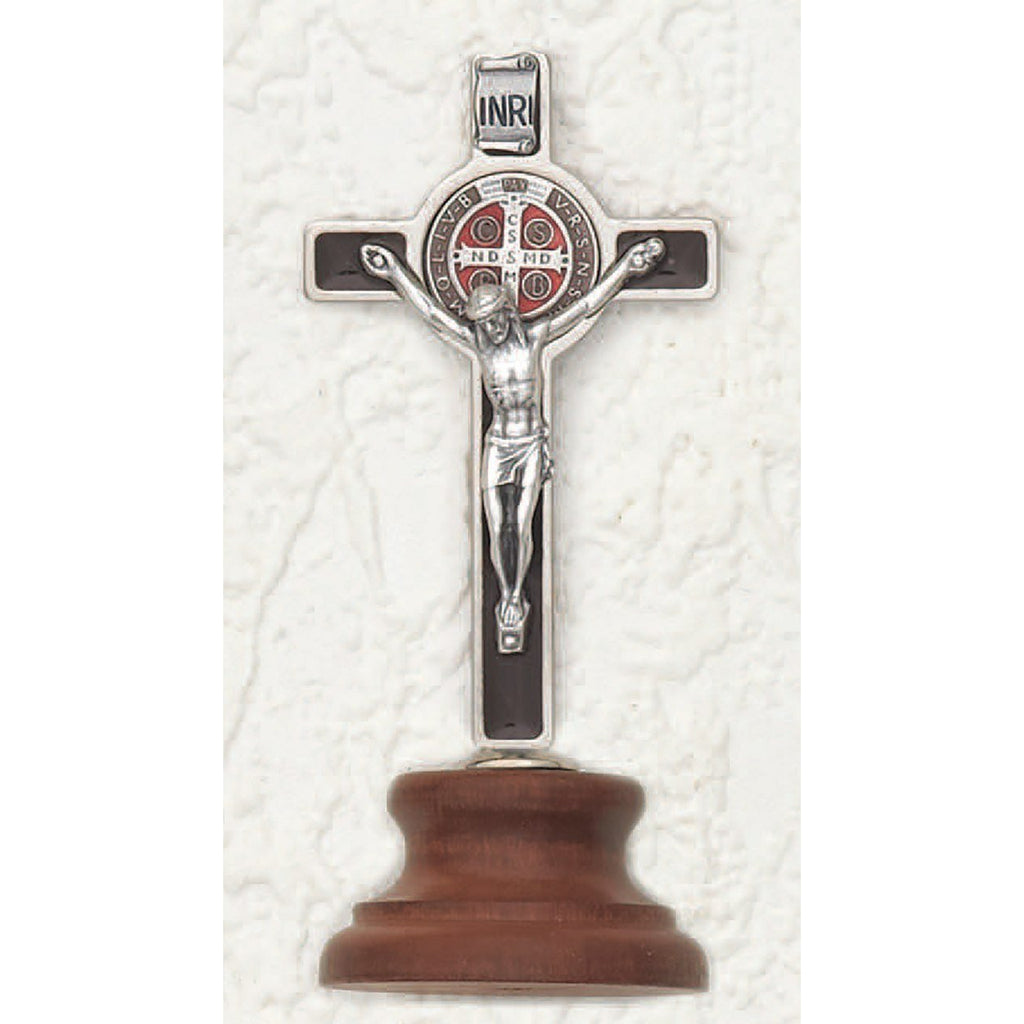 Saint Benedict Mini Cross on Base - Brown Enamel
