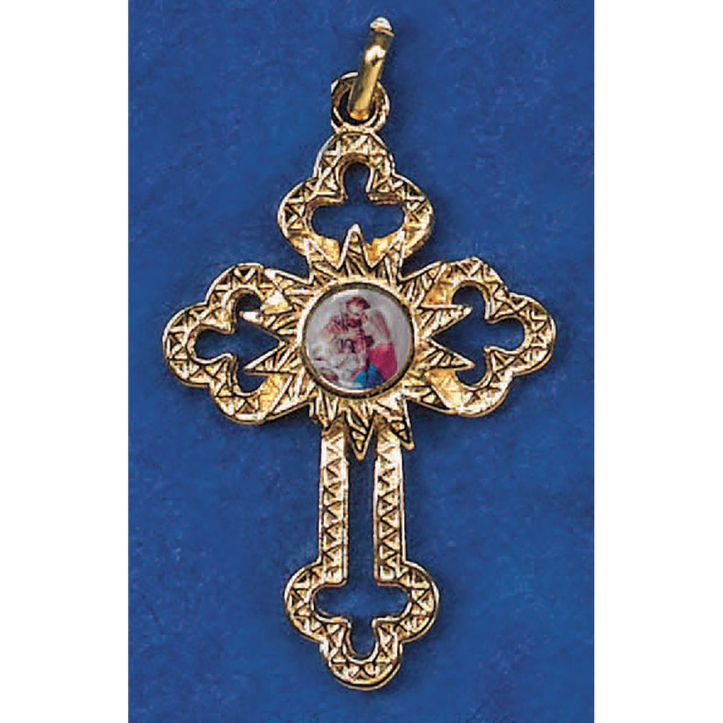Gold Tone Cut Out Cross with Holy Family Center