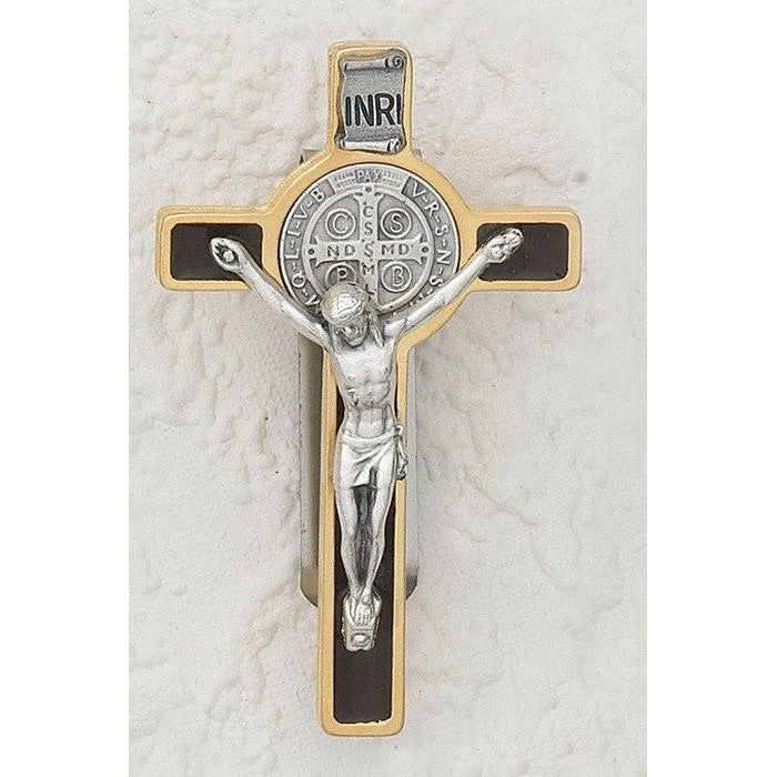 Saint Benedict - Gold tone Crucifix - Visor Clip - Brown Enamel - Pack of 3