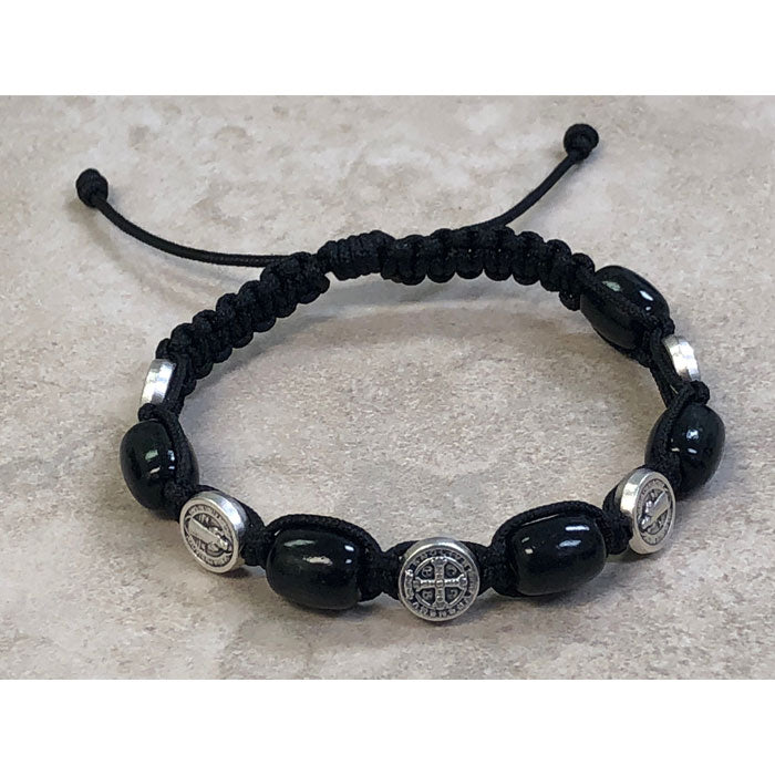 Black Wood with Saint Benedict Medals Slip Knot Bracelet
