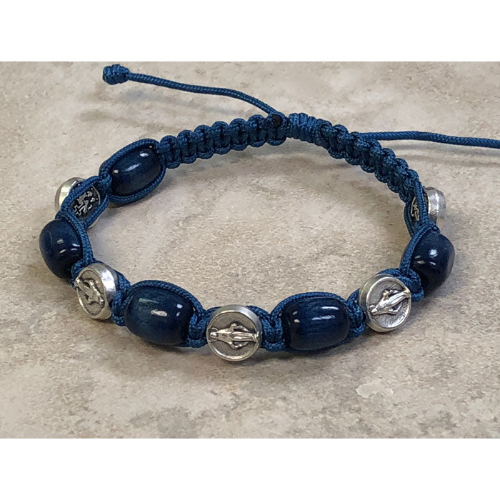 Blue Wood with Miraculous Medals Slip Knot Bracelet