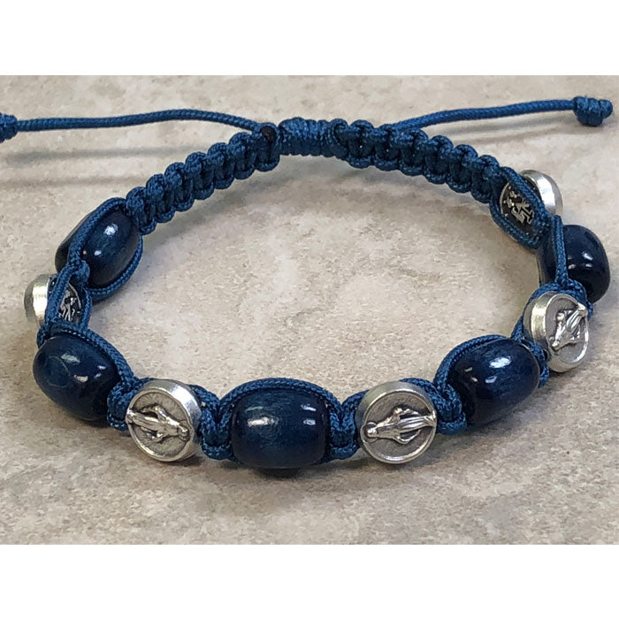 Blue Wood with Miraculous Medals Slip Knot Bracelet