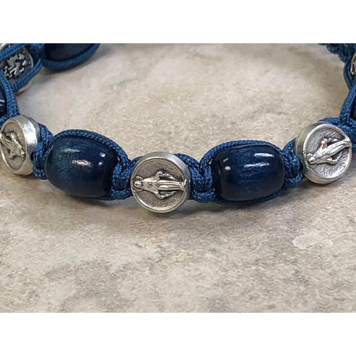 Blue Wood with Miraculous Medals Slip Knot Bracelet