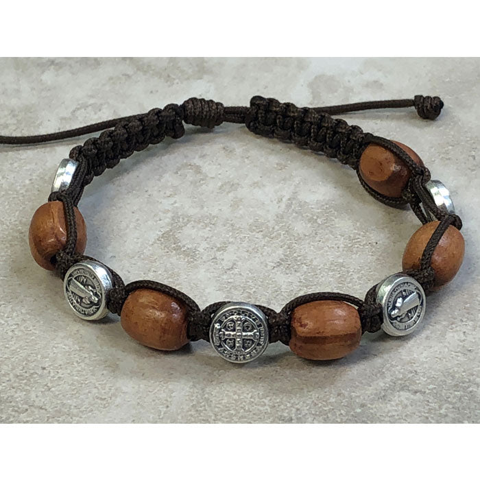 Light Brown Wood with Saint Benedict Medals Slip Knot Bracelet