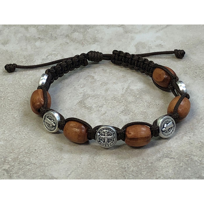 Light Brown Wood with Saint Benedict Medals Slip Knot Bracelet