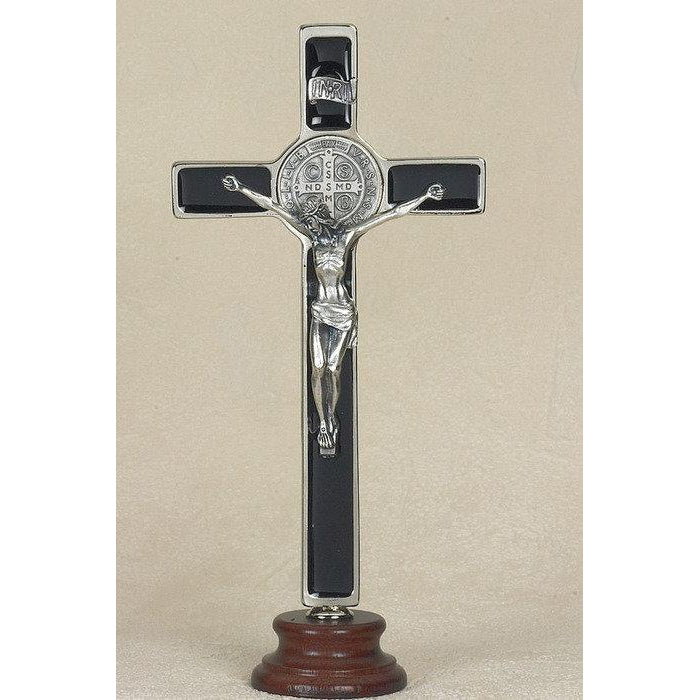 Saint Benedict Black Enameled Cross - Silver Tone Medal - On Base