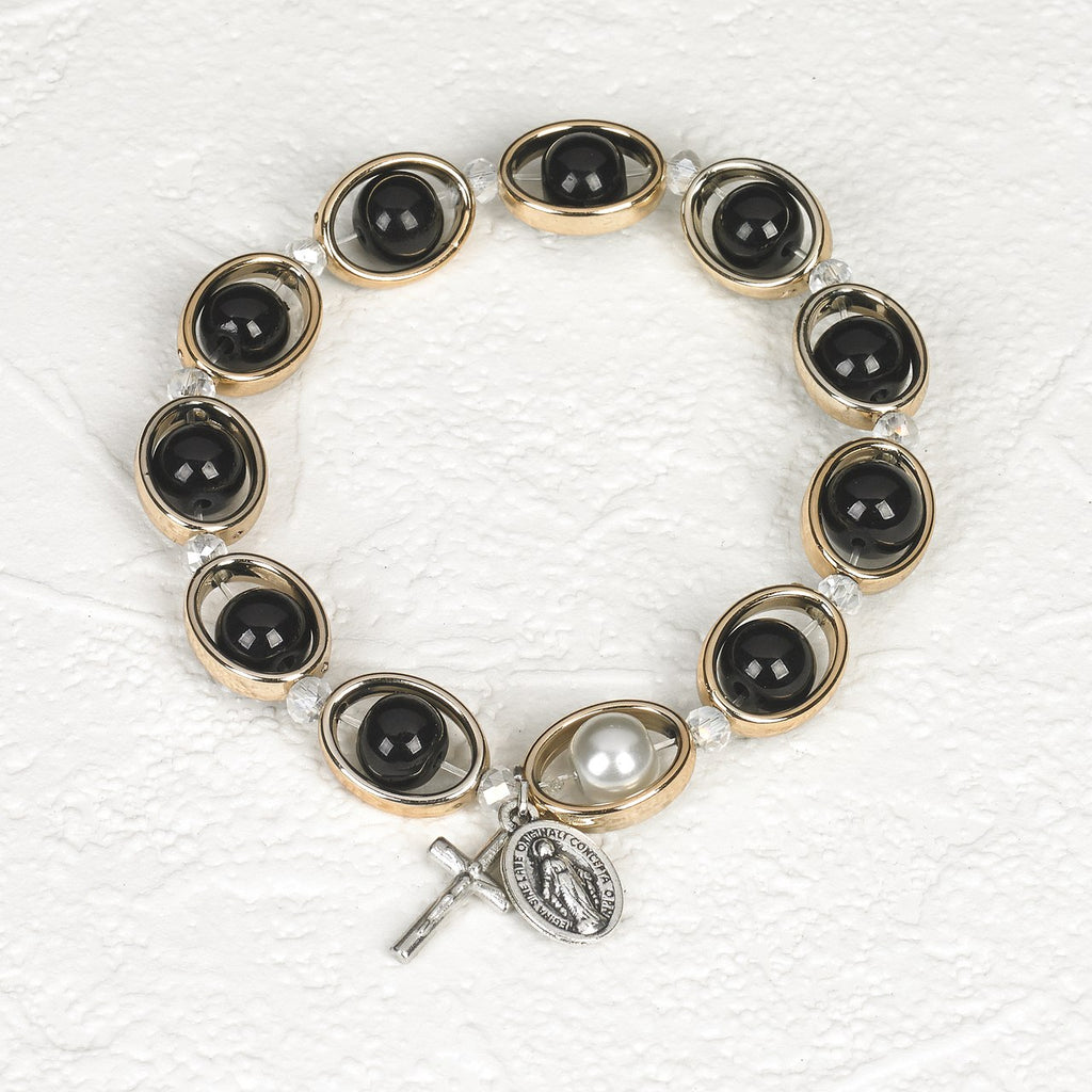 Black Bead in Gold Tone Oval Rosary Stretch Bracelet - Pack of 4