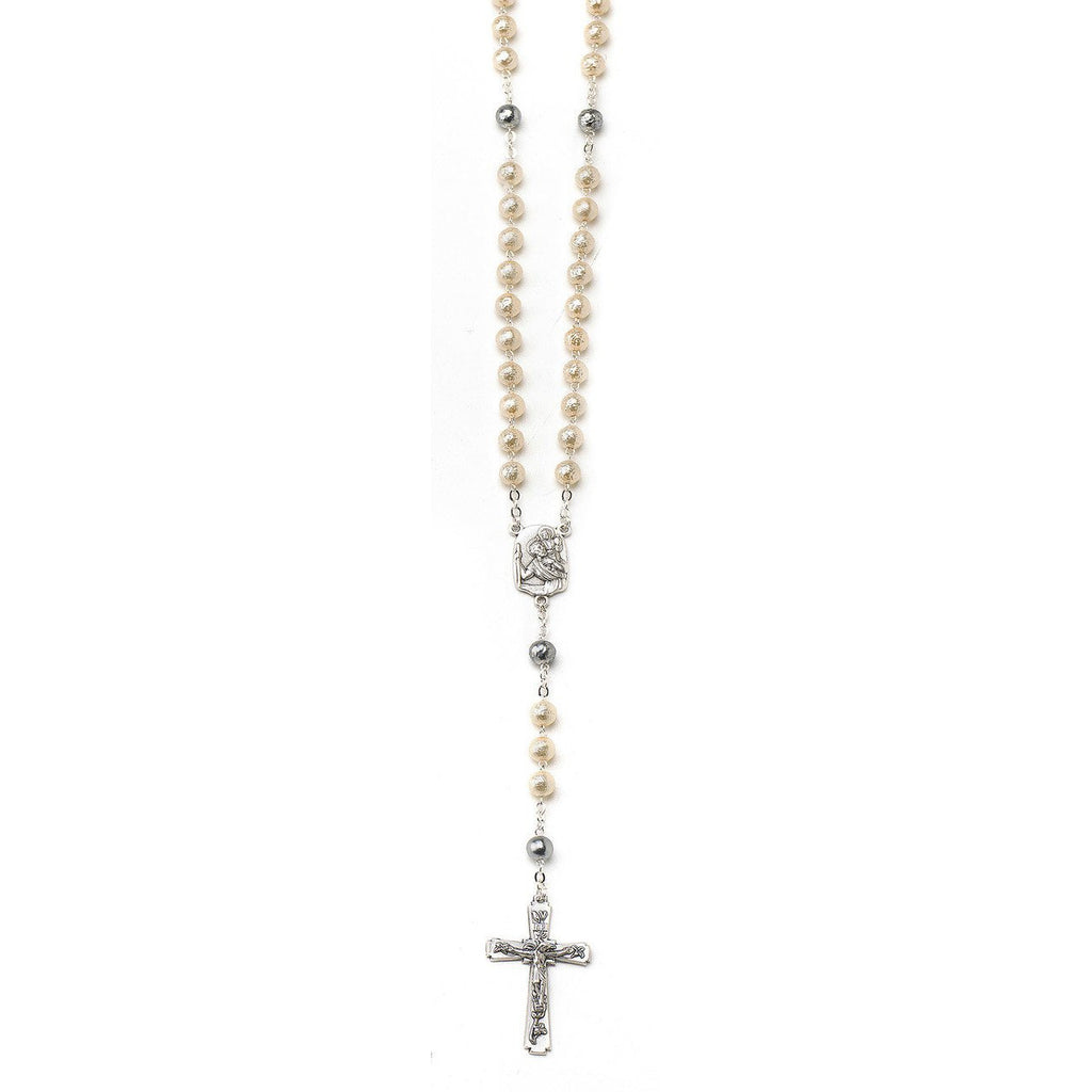 St Christopher  - Glass Imitation Pearl Rosary