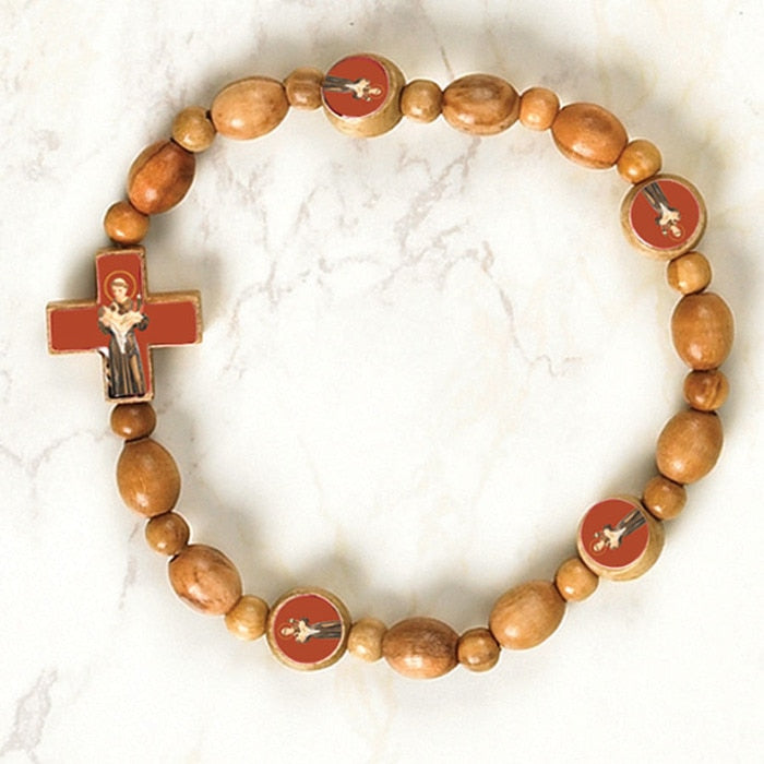 St Anthony - Italian Olive Wood Stretch Bracelets - Pack of 6
