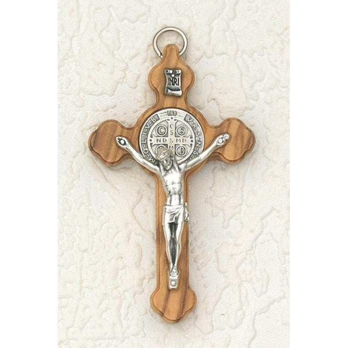Saint Benedict Wood Clover Cross - Silver Tone Medal - Pack of 6